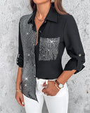 Roll Tab Sleeve Button Down Contrast Sequin Shirt