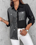 Roll Tab Sleeve Button Down Contrast Sequin Shirt