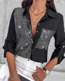 Roll Tab Sleeve Button Down Contrast Sequin Shirt