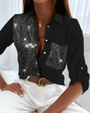 Roll Tab Sleeve Button Down Contrast Sequin Shirt