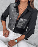 Roll Tab Sleeve Button Down Contrast Sequin Shirt