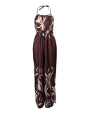 Halter Plants Print Backless Slit Wide Leg Jumpsuit