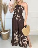 Halter Plants Print Backless Slit Wide Leg Jumpsuit