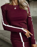 2 Piece O Neck Pullover Casual Top Slit Front Skirt Set Tracksuit