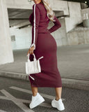 2 Piece O Neck Pullover Casual Top Slit Front Skirt Set Tracksuit