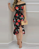 Floral Pattern Contrast Sequin Off Shoulder Bodycon Dress Sleeveless Ruffles Slit Party Midi Dress