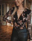 Floral Pattern V Neck Sheer Mesh Patch Contrast Sequin Bodysuit