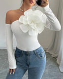 Floral Design Skew Neck Slim Fit Long Sleeve Tee Casual Causal Top