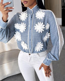 Floral Pattern Contrast Lace Buttoned Top