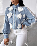 Floral Pattern Contrast Lace Buttoned Top