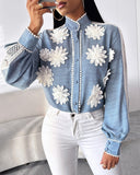 Floral Pattern Contrast Lace Buttoned Top