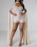 Contrast Sequin Sheer Mesh Patch Extra Long Sleeve Romper