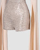 Contrast Sequin Sheer Mesh Patch Extra Long Sleeve Romper