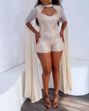 Contrast Sequin Sheer Mesh Patch Extra Long Sleeve Romper