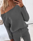 2PCS Solid Skew Neck Long Sleeve Top & Stretchy Waist Pants Set