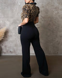 Leopard Pattern Contrast Sequin Deep V Neck Short Puff Sleeve Jumpsuits Metal O Ring Decor Casual Flared Overalls