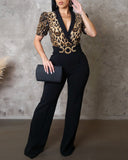 Leopard Pattern Contrast Sequin Deep V Neck Short Puff Sleeve Jumpsuits Metal O Ring Decor Casual Flared Overalls