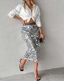 Allover Sequin Fashionable Midi Calf Skirt