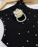 Floral Pattern Rhinestone Pearls Decor Knit Tank Top