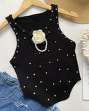 Floral Pattern Rhinestone Pearls Decor Knit Tank Top