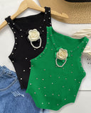 Floral Pattern Rhinestone Pearls Decor Knit Tank Top