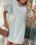 Striped Ruffle Hem Buttoned Shirt Dress