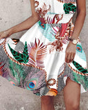 Peacock Tail Print Halter Shirred Dress