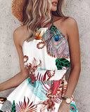 Peacock Tail Print Halter Shirred Dress