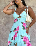 Floral Print Hollow Out Spaghetti Strap Slit Dress