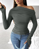 Skew Neck Ruched Long Sleeve Top