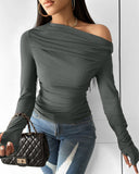 Skew Neck Ruched Long Sleeve Top