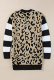 Black Stripe Sleeve Leopard Print Open Front Cardigan With Pockets