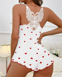 Butterfly Pattern Heart Print Contrast Lace Pajama Romper