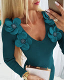 Floral Pattern V Neck Knit Bodycon Dress