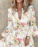 Chain Floral Print Bell Sleeve Ruffles Casual Dress