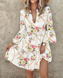 Chain Floral Print Bell Sleeve Ruffles Casual Dress