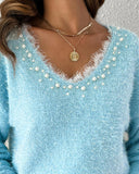 Contrast Lace V Neck Long Sleeve Beaded Decor Sweater Casual Top