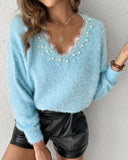 Contrast Lace V Neck Long Sleeve Beaded Decor Sweater Casual Top