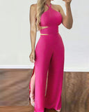 Criss Cross Backless Split Hem Halter Jumpsuit