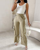 Snap Button Buckled Drawstring Cargo Pants