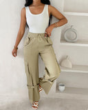 Snap Button Buckled Drawstring Cargo Pants