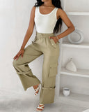 Snap Button Buckled Drawstring Cargo Pants