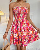 Floral Print Bandeau Shirred Dress