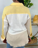 Colorblock Button Down Shirt Long Sleeve Casual Raw Hem Blouse Top