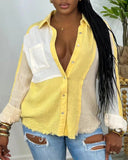 Colorblock Button Down Shirt Long Sleeve Casual Raw Hem Blouse Top