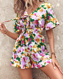 Floral Print Shirred Tied Detail Romper