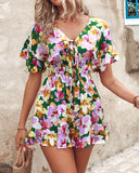 Floral Print Shirred Tied Detail Romper