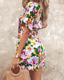 Floral Print Shirred Tied Detail Romper