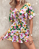 Floral Print Shirred Tied Detail Romper