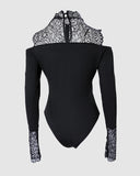 Contrast Lace Long Sleeve Cold Shoulder Bodysuit